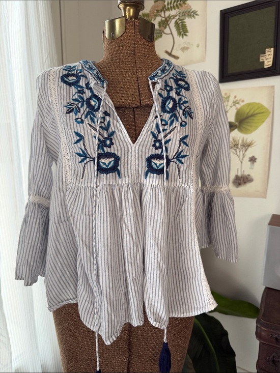 Zara Tops - Zara TRF Embroidered Stripe Peasant Top